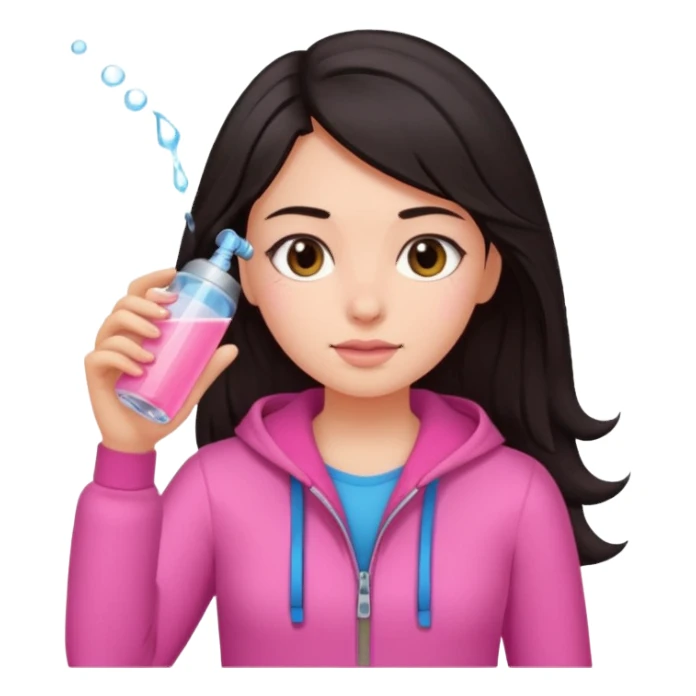 Emoji de menina de cabelos escuros hidratando o cabelo com roupas rosa sticker