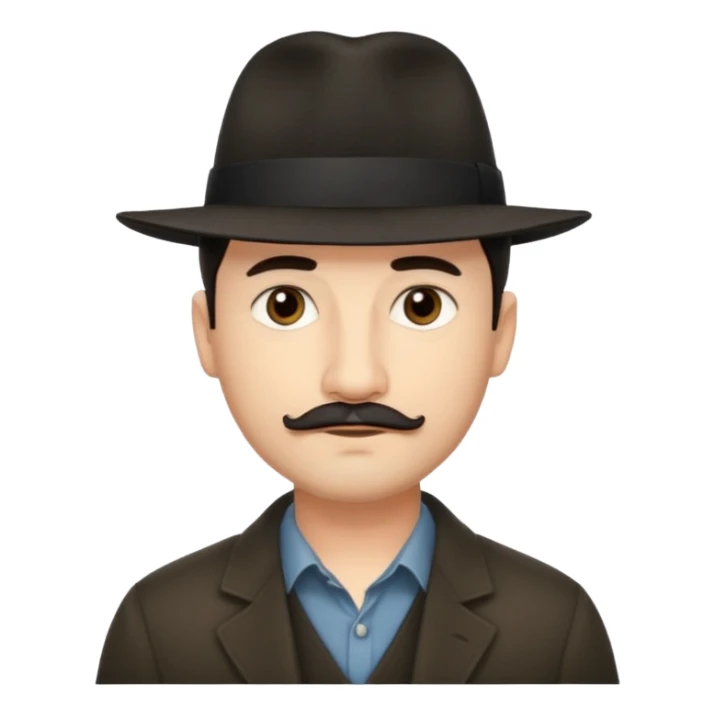 A light-skinned man with short dark hair, thin straight mustache, and a black fedora, with an oval face and calm look. sticker