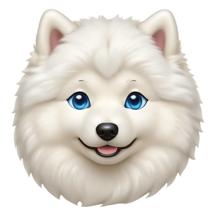 Cinematic Cute Samoyed Portrait Emoji, Head tilted playfully and inquisitively, featuring a fluffy, pristine white Fur with a natural sheen, round, sparkling blue eyes filled with curiosity, Simplified yet irresistibly adorable features, highly detailed, glowing with a warm, friendly glow, high shine, affectionate and lively, stylized with a touch of whimsy, bright and endearing, soft glowing outline, capturing the essence of a mischievous yet loving companion, so playful it feels like it could frolic out of the screen and into your arms! sticker
