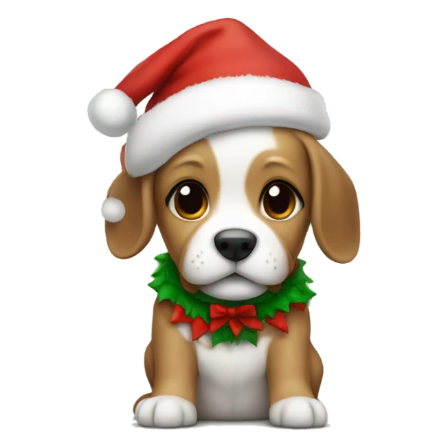 A puppy wearing a Christmas jersey with Santa hat sticker