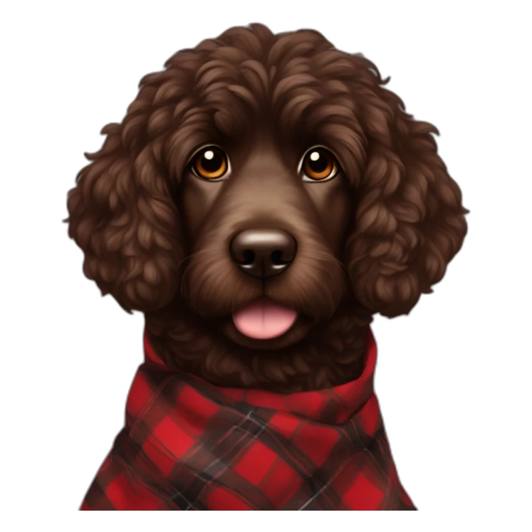portrait Dark chocolate colored doodle with wavy fur wearing a red and black flannel handkerchief sticker