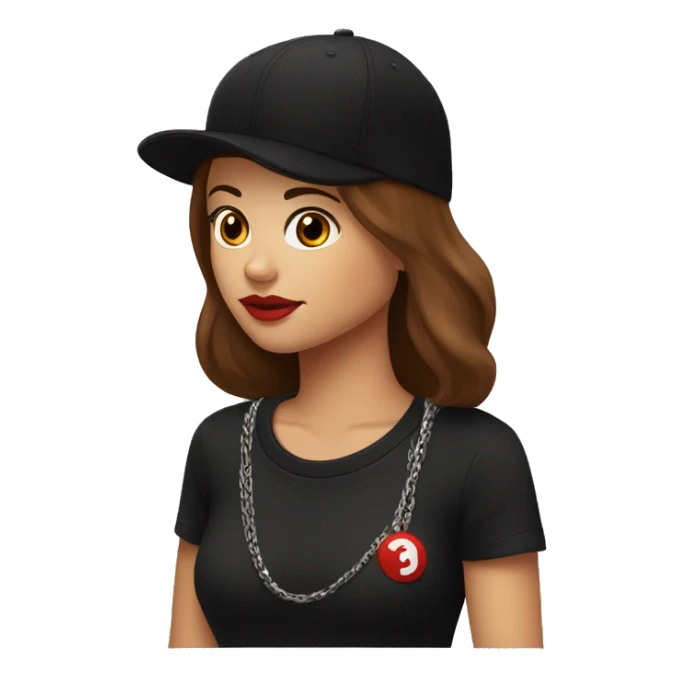 Beautiful woman wearing a black cap and black sweatshirt, big lips, brown straight hair. On the cap a small red question in an inverted triangle. There is a chain around her neck. sticker