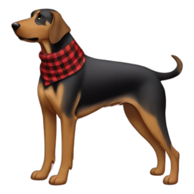 adult 75% Coonhound 25% German Shepherd mix dog with visible tail wearing small pointed red buffalo plaid bandana full body walking left quickly sticker