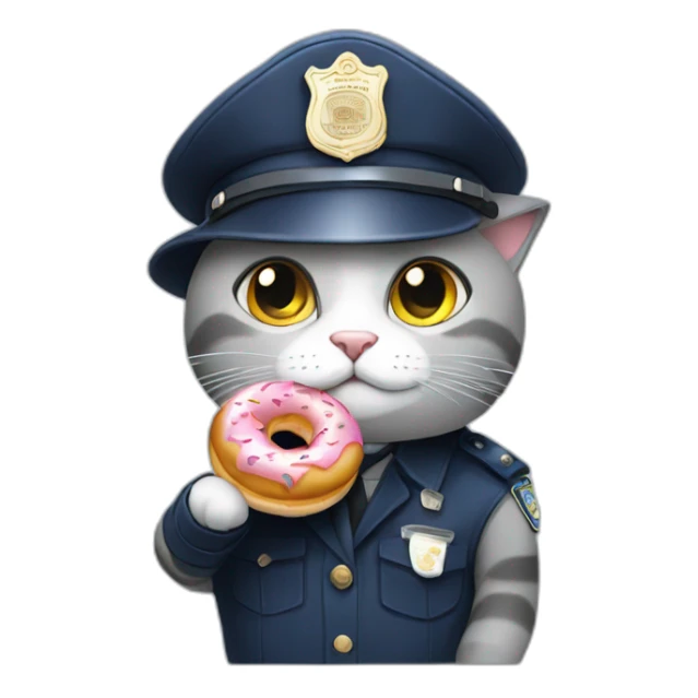 grey cat in police hat eating a doughnut sticker