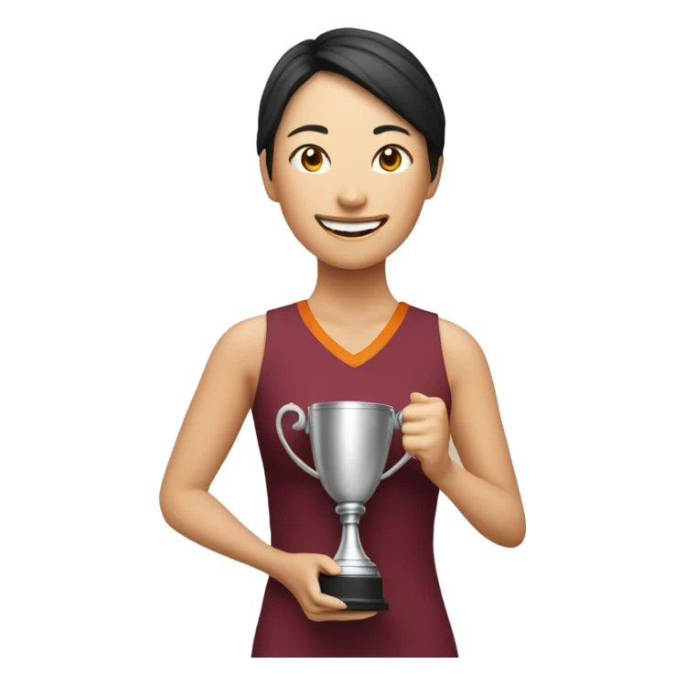 asian happy woman with champion cup sticker