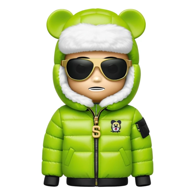 authentic cubic bearbrick figure with block head, wearing lime green balaclava with integrated black visor lens at eye area, oversized Supreme logo puffer jacket with large fur collar and fur trim, gold chains sticker