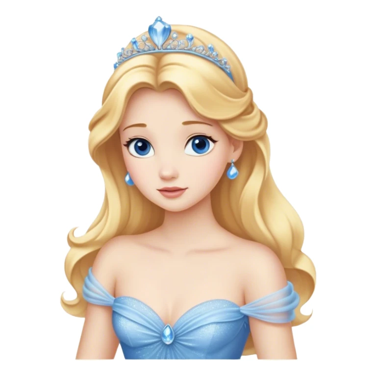 Cinematic Realistic Cute Cinderella Portrait, featuring fair, luminous skin with finely detailed texture and softly lit golden-blonde hair cascading in gentle waves. Her warm, inviting blue eyes sparkle with youthful charm and curiosity, while her classic, elegantly draped ball gown reveals meticulously rendered fabric details and natural folds. The overall composition is bathed in a gentle, realistic radiance that exudes both playfulness and heartfelt beauty. sticker