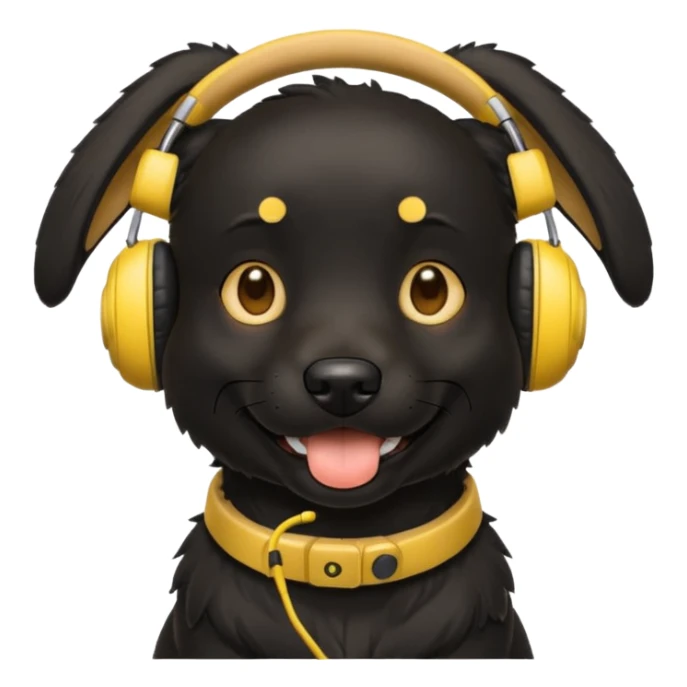 black happy dog wearing yellow headphones sticker
