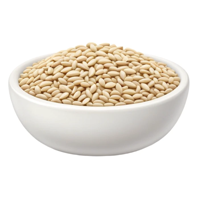 Small white sesame seeds in a ceramic bowl, food ingredients sticker