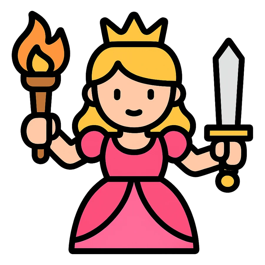 princess holding a torch and a sword, color outline icon sticker