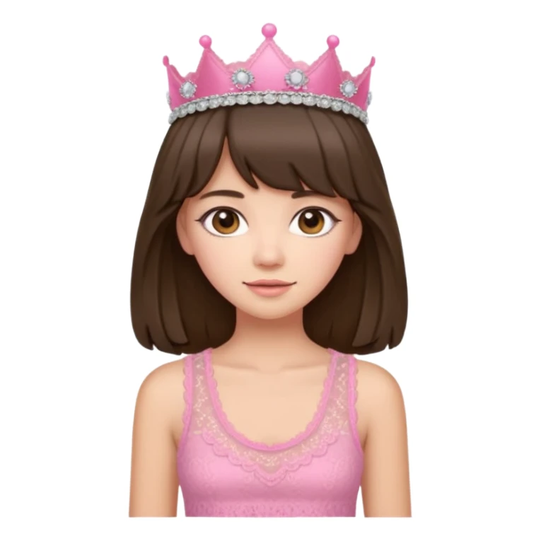 super long haired brunette with middle part curtain bangs cute pink lacy tank with a pink tiara on head, white but with a little bit of tan sticker