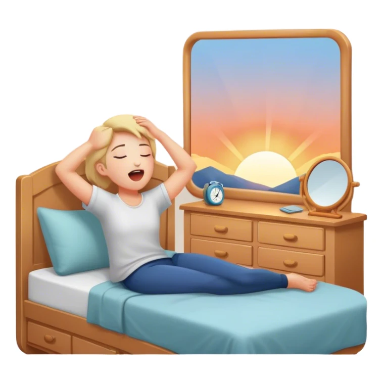 A person stands beside their bed, rolling out groggily with determination. The bed behind them is neatly made, a mirror in front of them . A glowing sunrise outside signals the start of a productive day. sticker