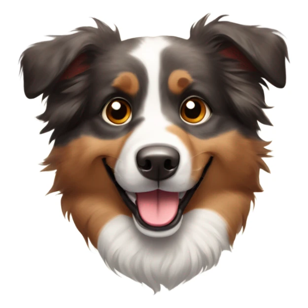 Australian Shepherd with a combination of gray, black, and brown fur, expressive brown eyes, and a big, happy smile. Its ears are fluffy, slightly perked, and it is wearing a red tag on its collar. sticker