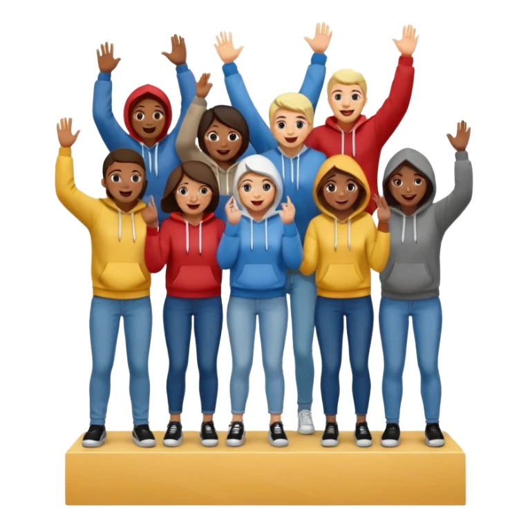 multi-racial group on a winners’ podium, middle step higher, no numbers, all in jeans and hoodies, very excited, fun, expressive emoji style sticker
