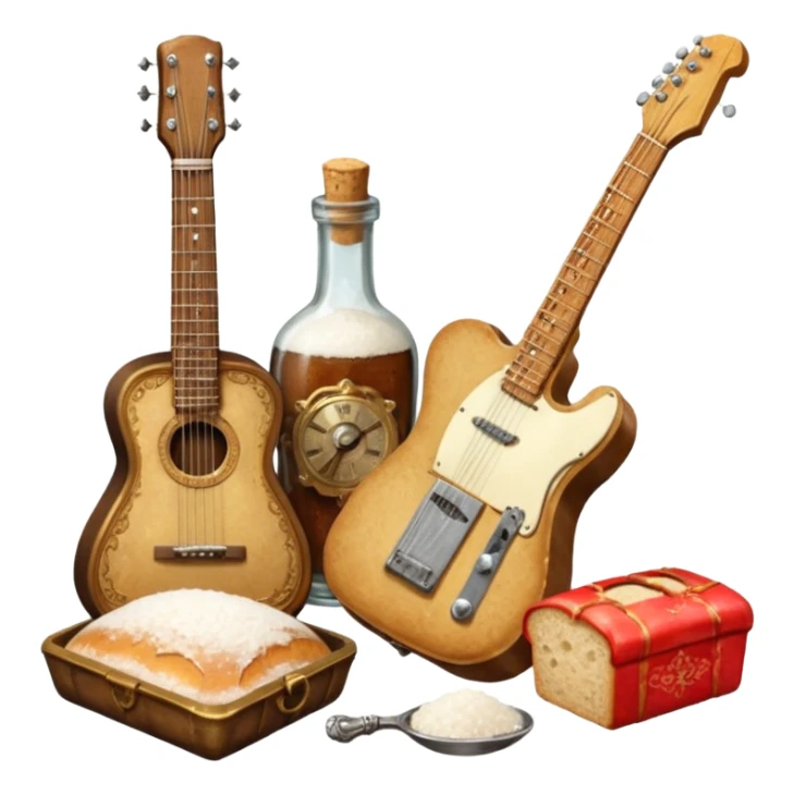 steampunk victorian - a bottle of salt (salt shaker) and a loaf of peasant bread with a small electric telecaster guitar - still life composition sticker