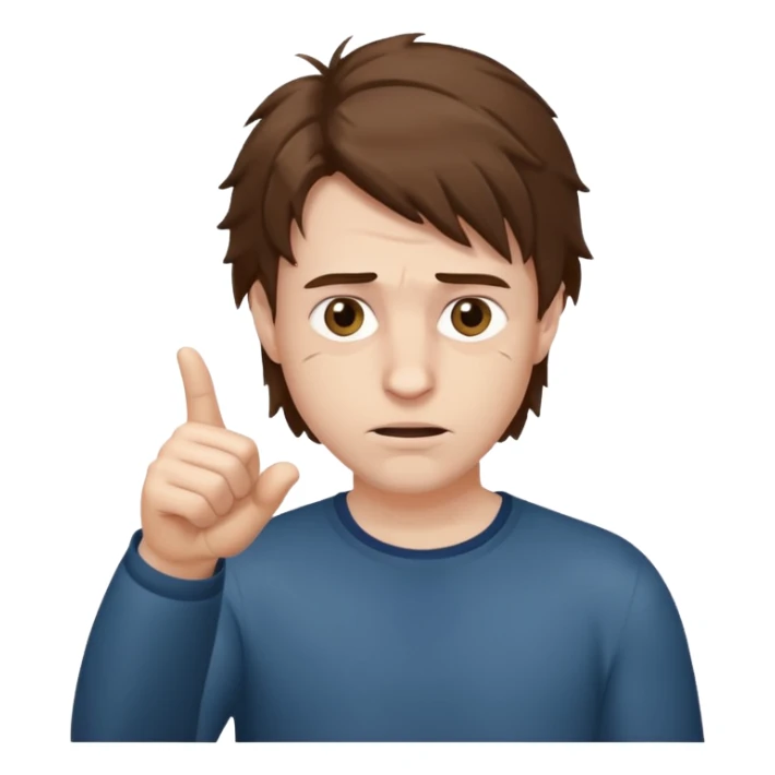 Weak man with disheveled hair pointing to his right sticker