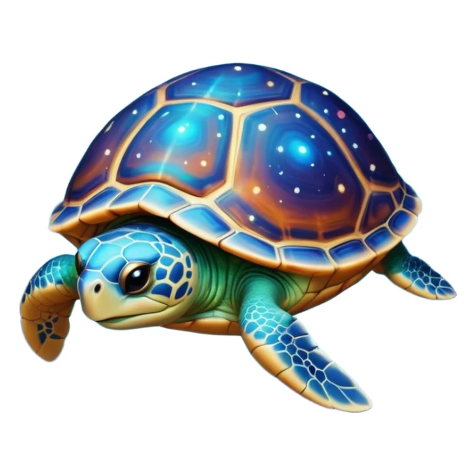 Quasar Turtle emoji – full body, large turtle with a smooth glowing shell shaped like a cosmic quasar, simple light effect in the center of the shell, stars in the shell, no patterns, no aura, slight side angle, no background
 sticker