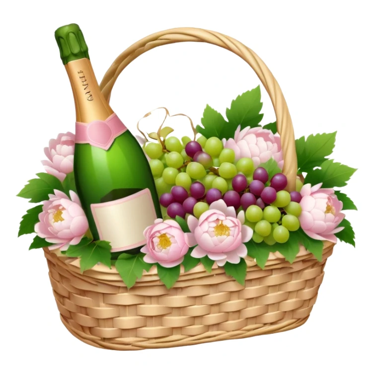 White Picnic basket with light pink bow, white peonies, grapes and one pink champage bottle inside sticker