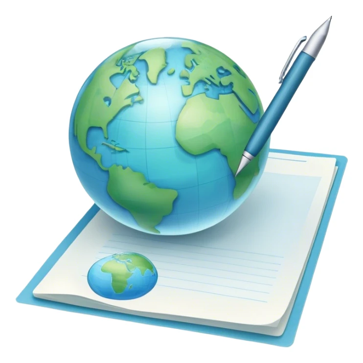 Create an emoji representing language translation. The design should feature just one globe in the background, symbolizing international communication. In front of the globe, place two books or sheets of paper with texs on them and a pen nearby to indicate the act of writing. Use a clean and professional color palette with blues, greens, and neutral tones. Make the background transparent. sticker