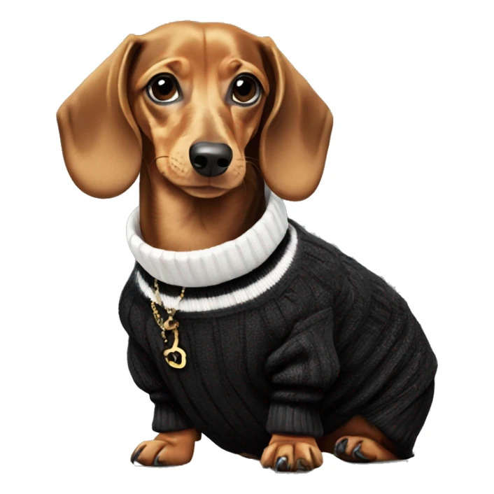 Dachshund wearing black and white Sweater with chanel logo  sticker