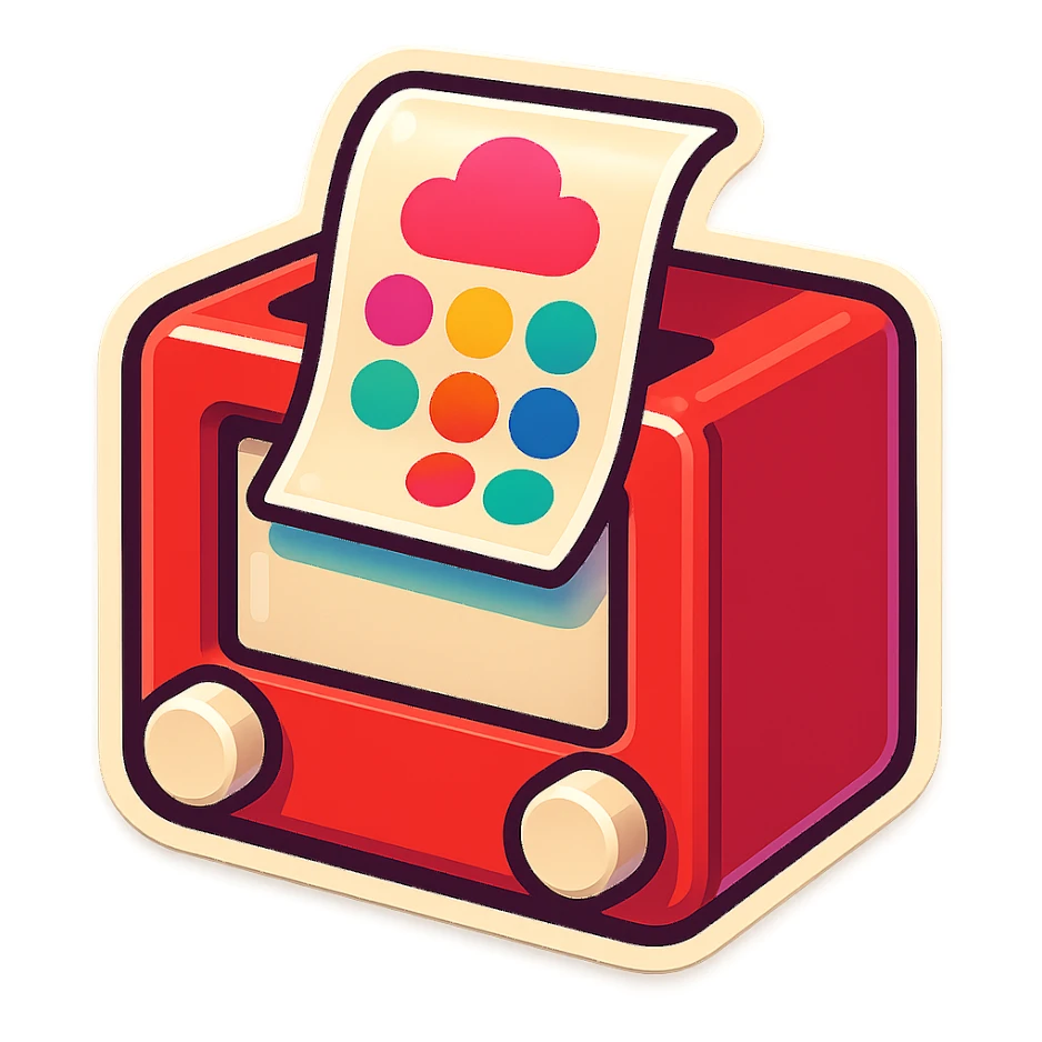 Create a colorful sticker that appears halfway printed, emerging from the top of a 3D Etch A Sketch-inspired box. Maintain the red frame, white knobs, and the playful, tech-forward aesthetic of the original design. sticker