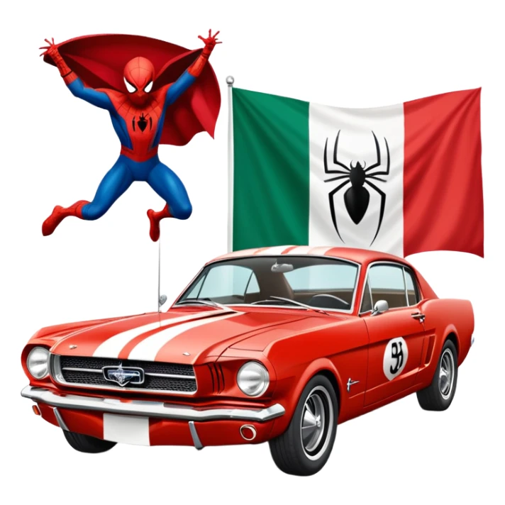 Spider-Man next to a 65 fastback Mustang with the Mexican flag painted on the Mustang sticker