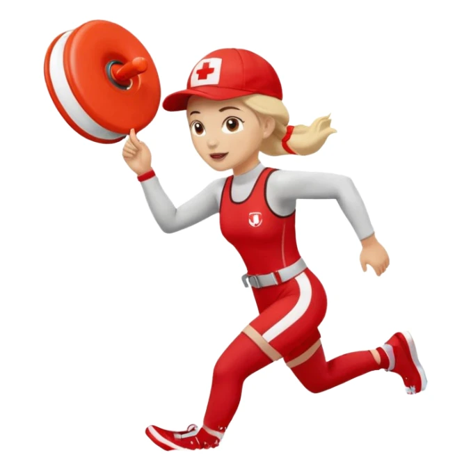 Female lifeguard – red cap, running along shore with rescue buoy sticker