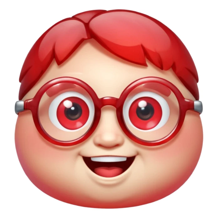 A single chubby crystal gemstone character wearing cute round glasses, chunky and irregular with faceted sides (not egg-shaped), [red] gradient, big glossy eyes behind the glasses and a wide happy smile, 3D cartoon game icon style, high detail, soft lighting, centered on a plain dark background sticker