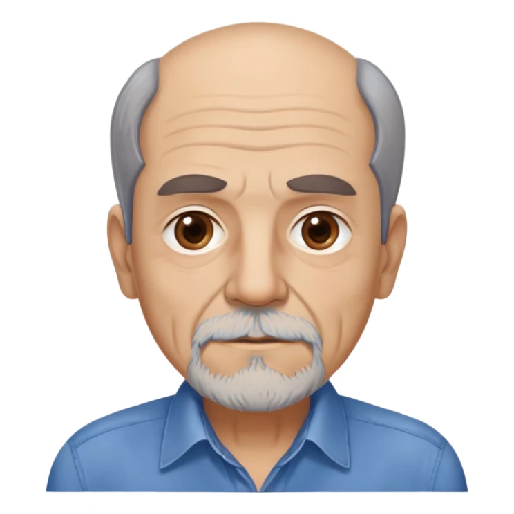 Older slim Hispanic man in his 60s with light skin. Thinner face with pronounced features. Expressive brown eyes, thick eyebrows showing age. Short brown hair with significant receding hairline. Scraggly brown beard with gray patches. Wearing a blue button-up shirt on his lean frame. sticker