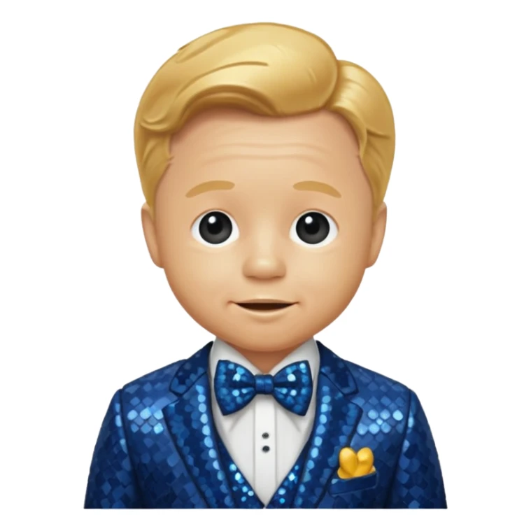 Mickey Rooney with golden blonde hair, dark blue sequin suit with bow tie sticker