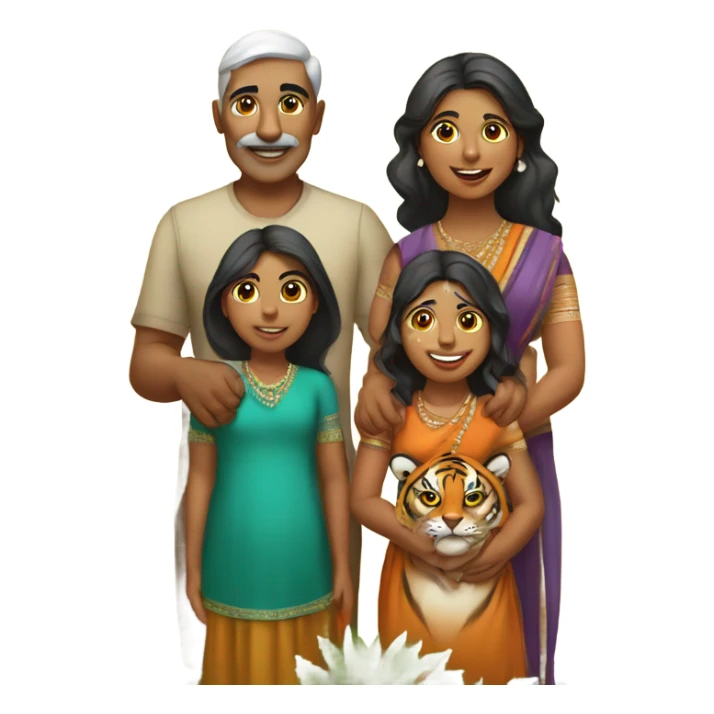 Indian uncle and Indian aunty with their two daughters and tiger cub sticker