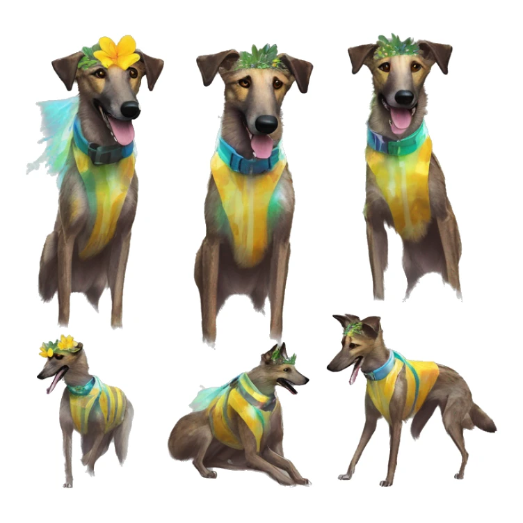  brindle brown black maroon striped lurcher Alsatian fox running blue eyes and iridescent holographic oilslick harness wearing paper iridescent tropical flower crown yellow caution tape sticker