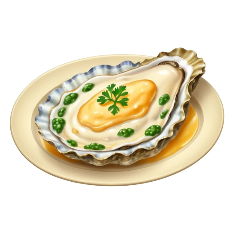 steaming oyster on a platter covered with melted cheese sticker