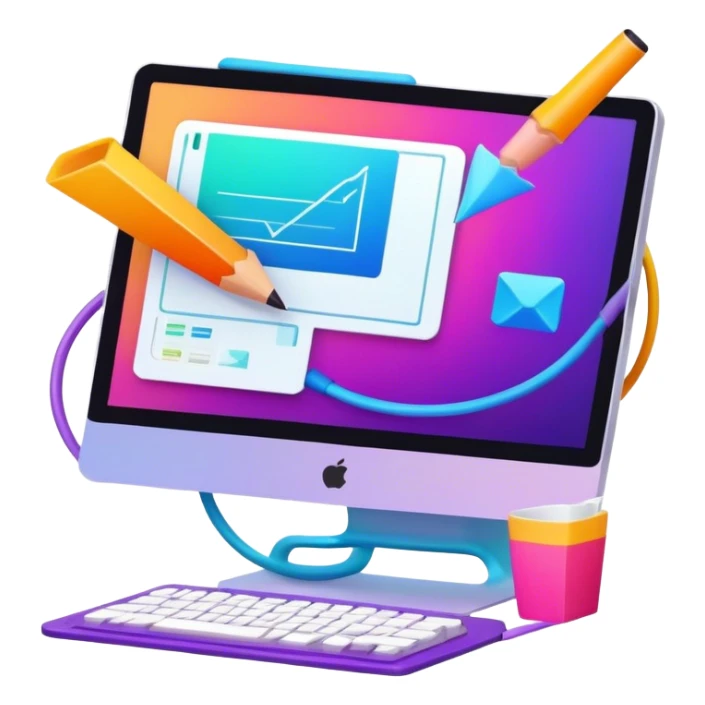 a vibrant and modern icon representing Animation and Motion Design, featuring elements like a computer screen and stilus, dynamic motion lines, and visuals of the process of creating animated films and GIF animations. The design colorful, and dynamic, without any emojis. The background transparent sticker