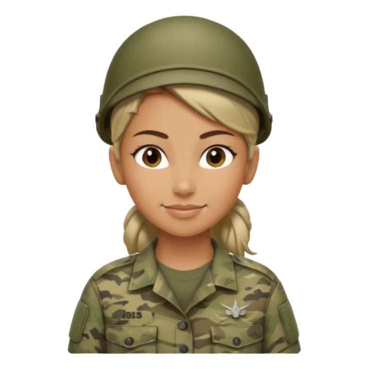 Apple emoji look — female soldier, no cap/helmet, bust, neutral smile, generic camo shirt, hair tied back, soft gradients, no weapon sticker