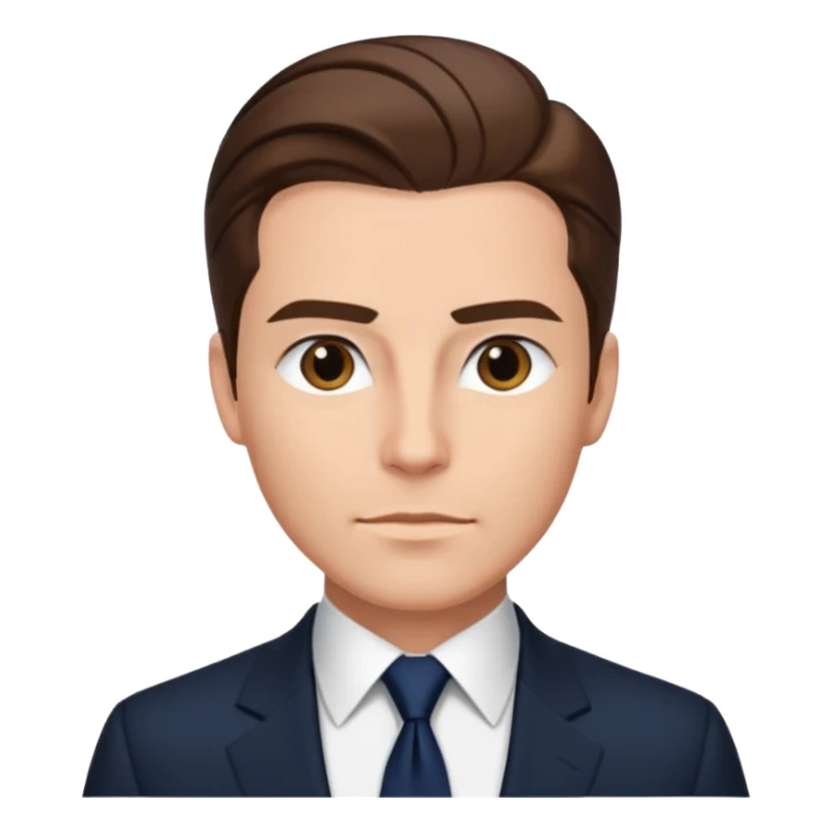 Caucasian man with slicked back brown hair, black suit, navy tie, sophisticated sticker