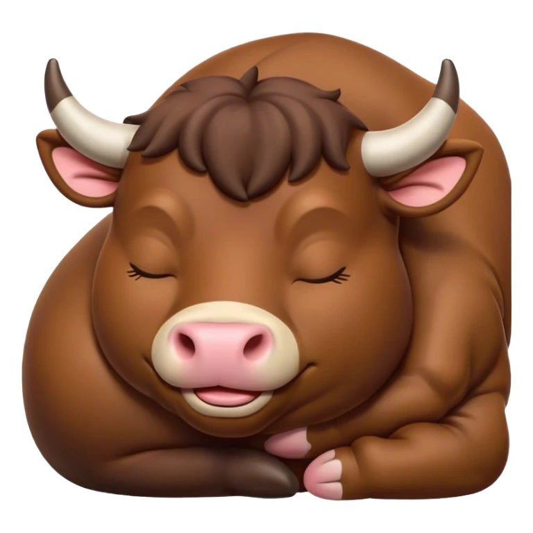 Meme-Worthy Cute Sleeping Brown Bull Portrait Emoji, Head resting peacefully with a contented smile, showcasing a robust, massive build and a luxuriously soft rich brown hide, eyes shut in a serene, restful nap, Simplified yet hilariously adorable features, highly detailed, glowing with a soft, drowsy light, high shine, relaxed and utterly lovable, stylized with an air of playful laziness, bright and heartwarming, soft glowing outline, capturing the essence of a comically sleepy guardian, so meme-worthy it feels like it could instantly become the next viral sensation of adorable slumber! sticker