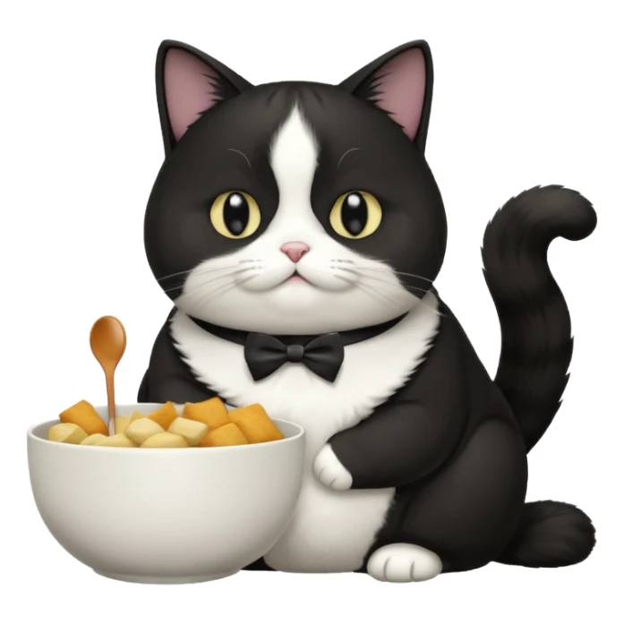 Fat tuxedo cat eating food sticker