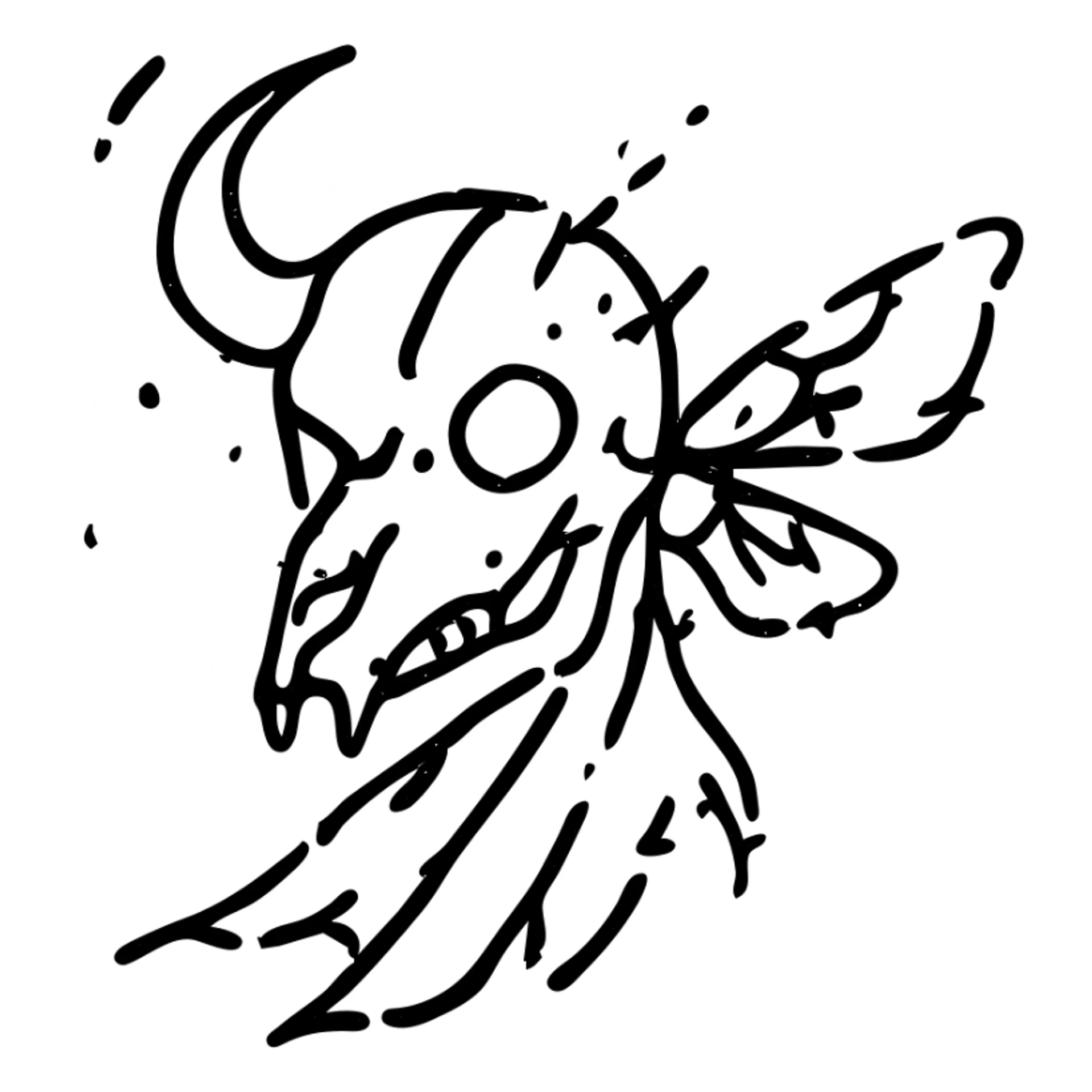 maximum deterioration: extremely fragmented red line art of a single fused skull combining minotaur and stoat features into one hybrid skull (not separate skulls), with broken horn, single glowing red eye, tattered cape elements, and disintegrating moth wings, most outlines missing, severe gaps and broken lines, eroded to almost nothing sticker