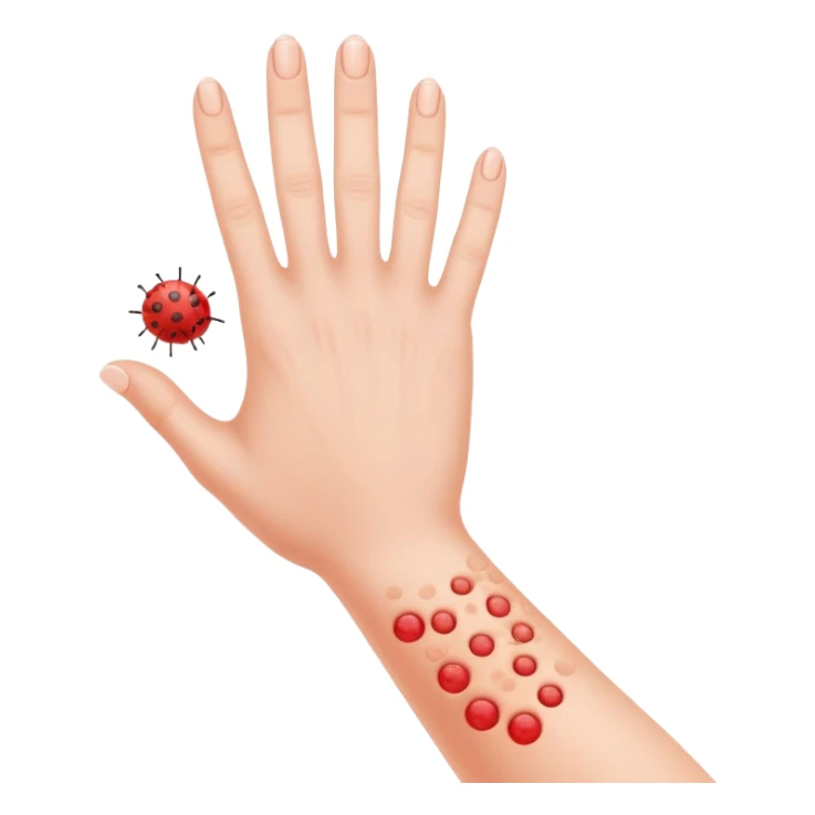 Allergy skin prick test on forearm with small red bumps showing reactions to different allergens, with 5 fingers of the hand visible sticker