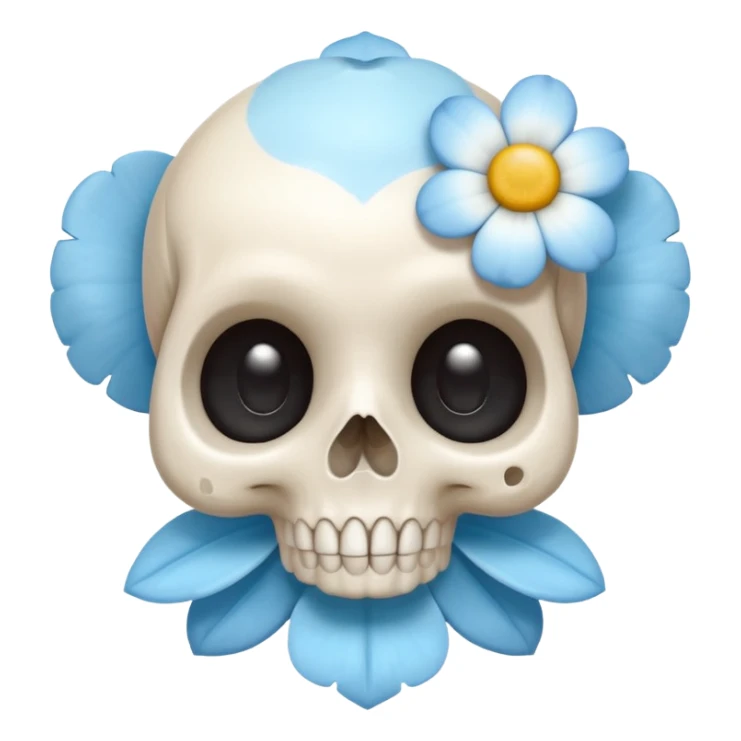 super cute skull holding a tiny flower, big eyes, soft pastel blue and white colors, smiling sticker
