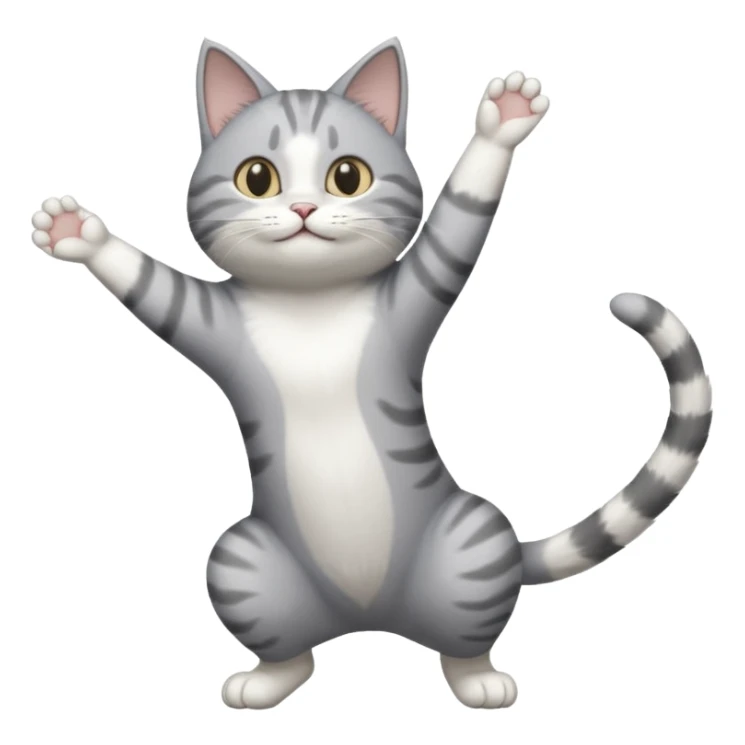 grey and white cat doing a big long stretch reaching up into the air with arms and legs side by side together sticker