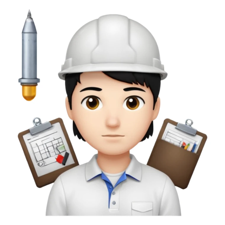 engineer wearing white polo, black hair with site/eng materials on the bg sticker