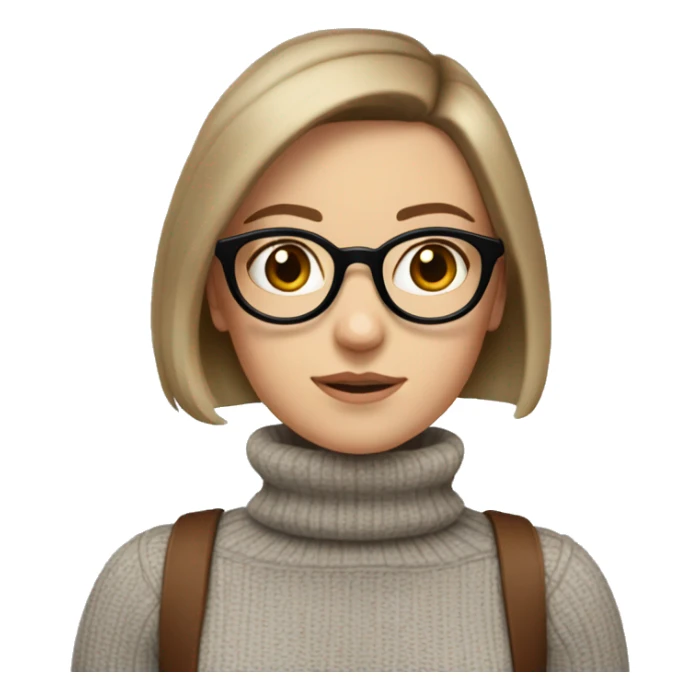 White girl in a turtleneck with brown bob, round brown glasses, and blue eyes sticker