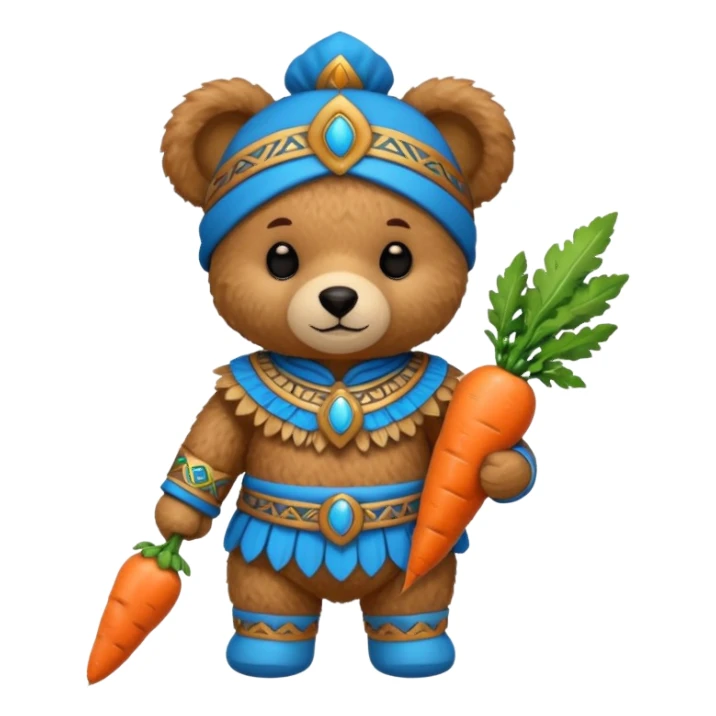 teddy bear, wearing blue mayan ancient custome, with carrot half body sticker