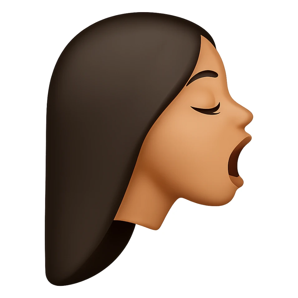 Create a side view (profile) of this woman's head in the normal iPhone emoji style, with closed eyes, long eyelashes, mouth open wide, smooth shading, no outlines, long dark hair, and lips clearly visible. Variant 2. sticker