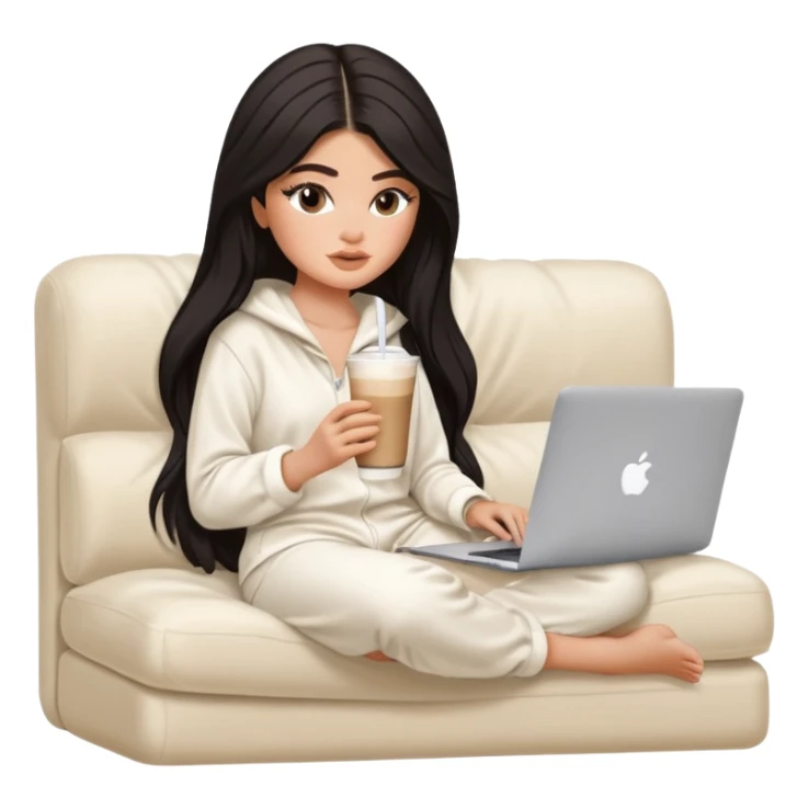 Kylie Jenner with her sexy face and long hair, make it 1 tone lighter,sitting learning on macbook watching the screen the laptop, she wears a white Skims pajama and she's drinking 1 tasty iced latte with a straw and sitting on a white beige fluffy sofa sticker
