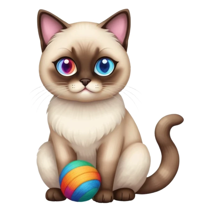Siamese cat full body sitting with rainbow eyes and a wool ball sticker