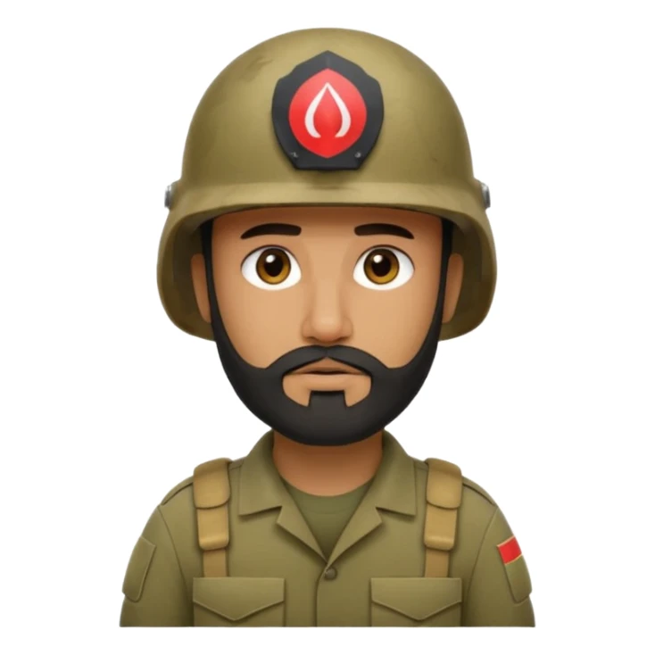 very tired, swarthy, Iraqi soldier in a helmet, helmet without insignia, with a beard sticker