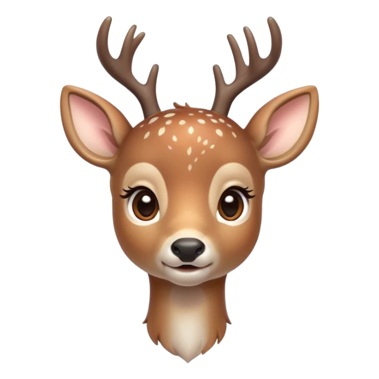 Cinematic Cute Deer Portrait Emoji, Head tilted playfully and inquisitively, showcasing a delicate coat speckled with subtle white spots and gentle earth tones, round, sparkling eyes filled with curious wonder, Simplified yet irresistibly adorable features, highly detailed, glowing with a warm, friendly glow, high shine, affectionate and graceful, stylized with a touch of woodland whimsy, bright and endearing, soft glowing outline, capturing the essence of a mischievous yet loving fawn, so playful it feels like it could skip out of the screen into your arms! sticker